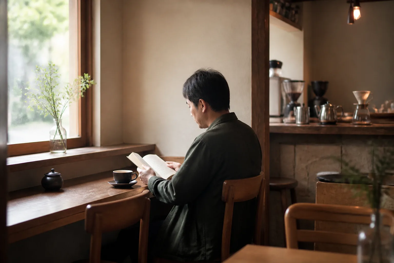 静かな喫茶店で本とコーヒーを楽しむ40代男性