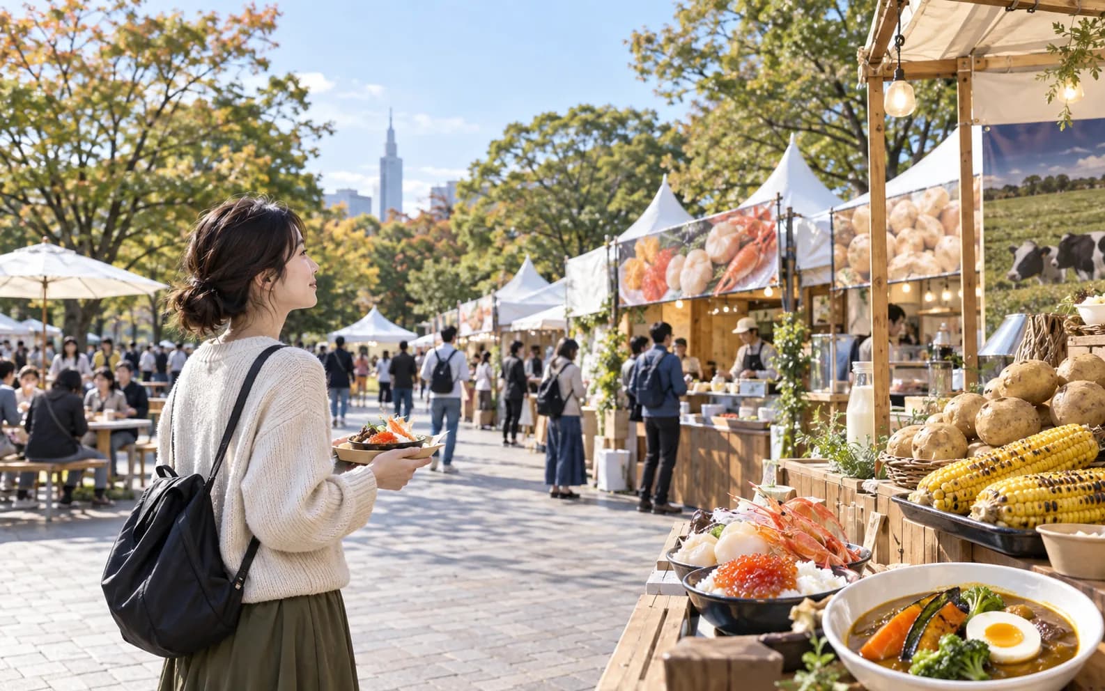 代々木公園の北海道フードイベントをイメージした屋外フェア風景