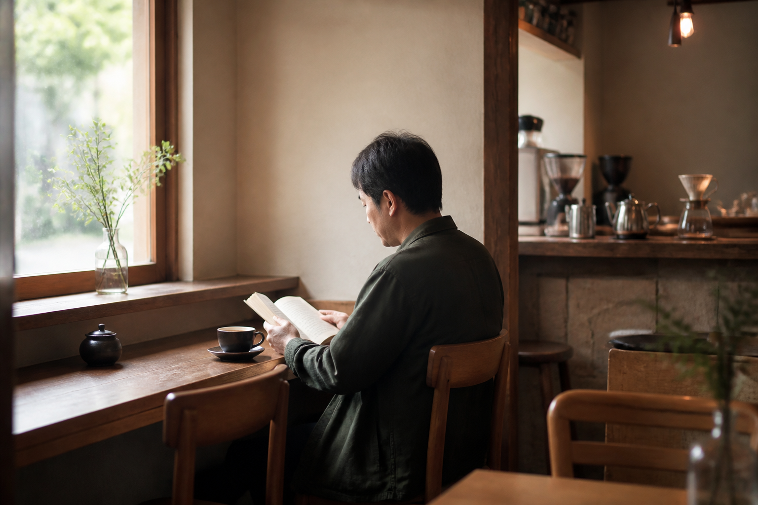 静かな喫茶店で本とコーヒーを楽しむ40代男性