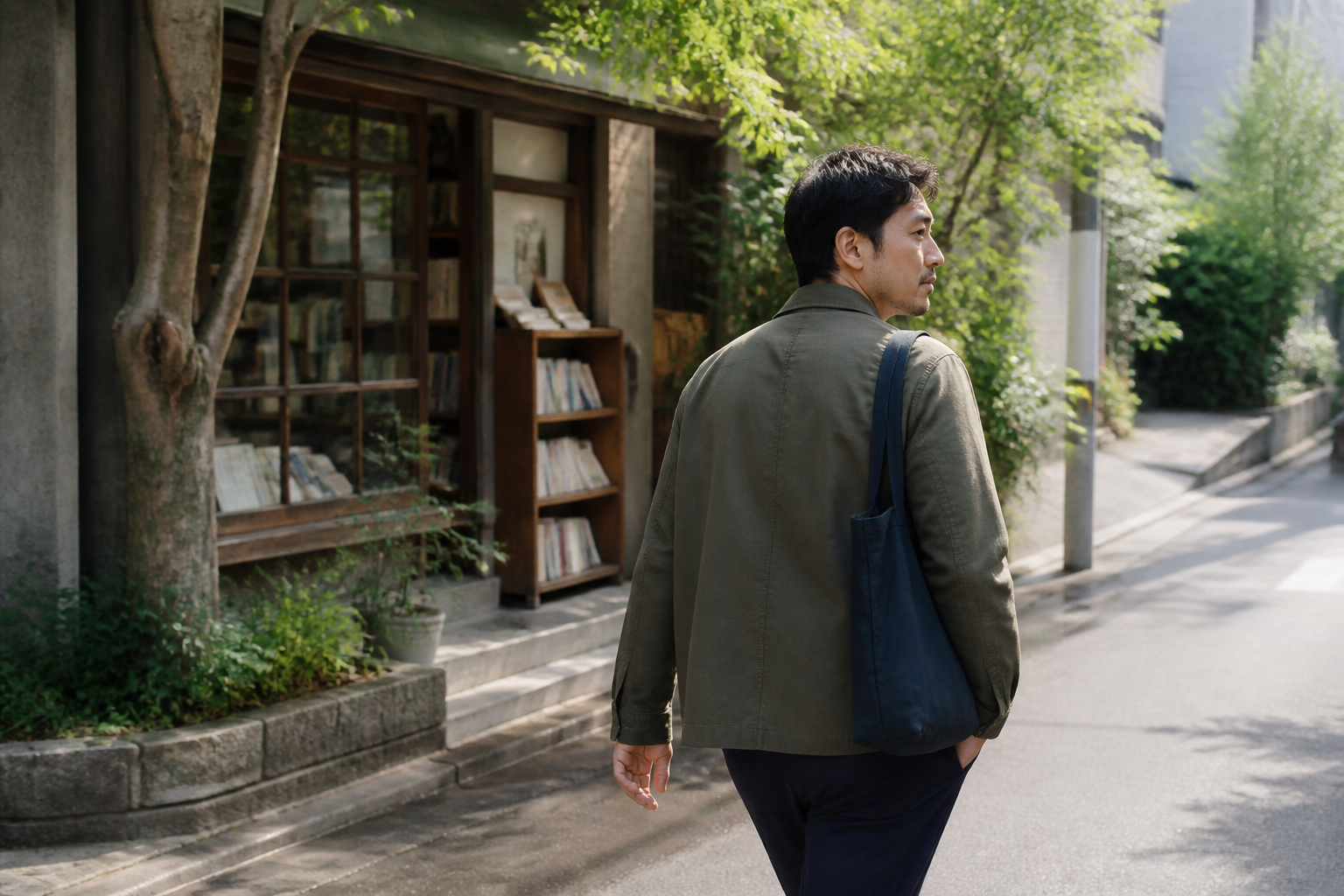 東京の静かな街を一人で歩く40代男性の休日