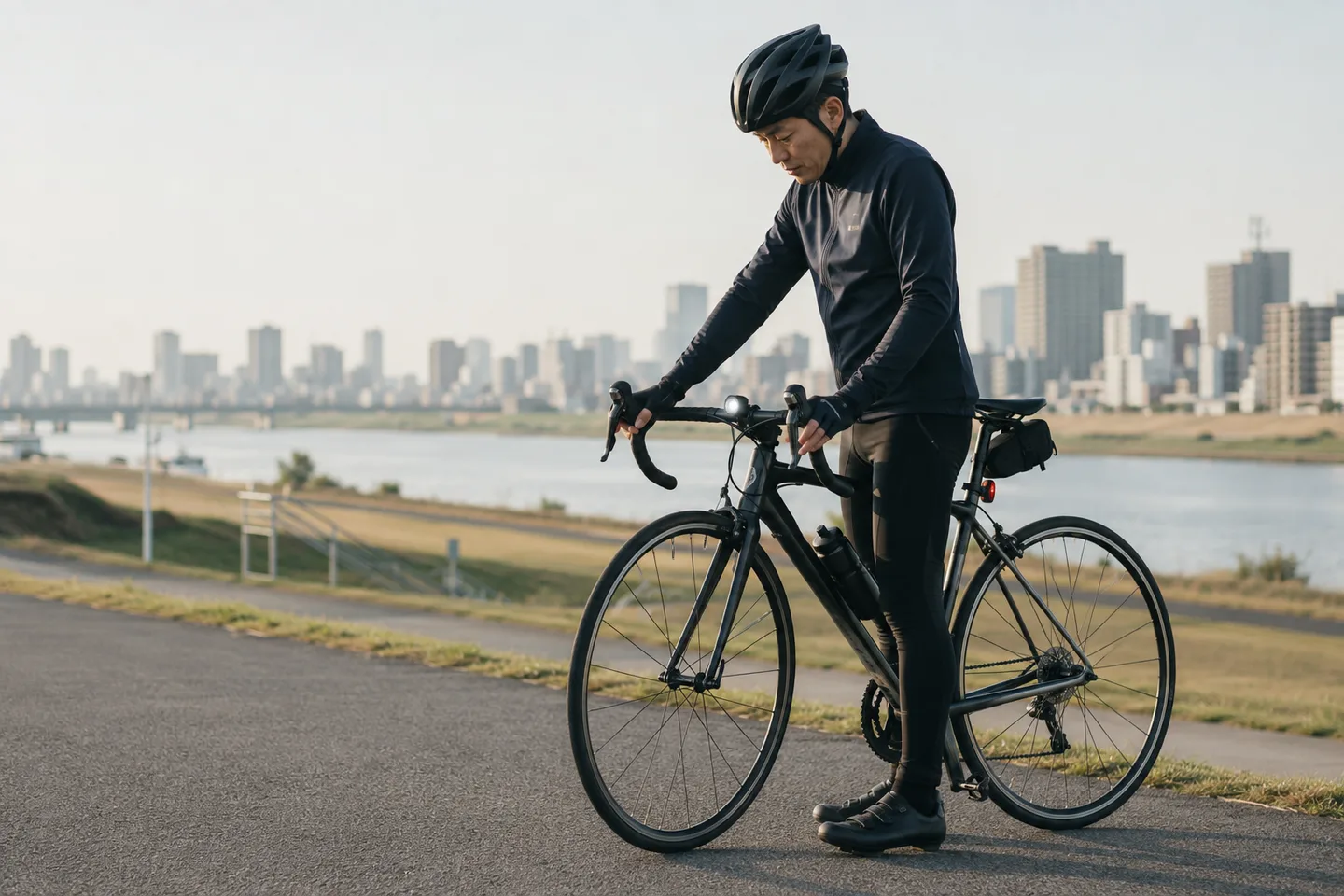 河川敷でロードバイクのブレーキとタイヤを確認する初心者のイメージ。特定の場所や製品を示すものではありません