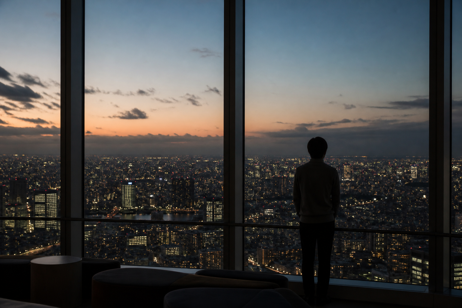 高層階から東京の夕景を静かに眺めるイメージ