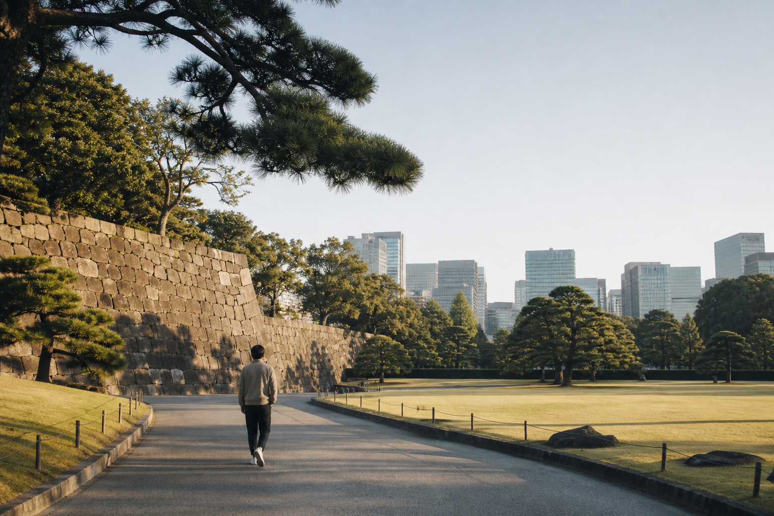 都心の歴史ある庭園を一人で静かに歩く休日のイメージ
