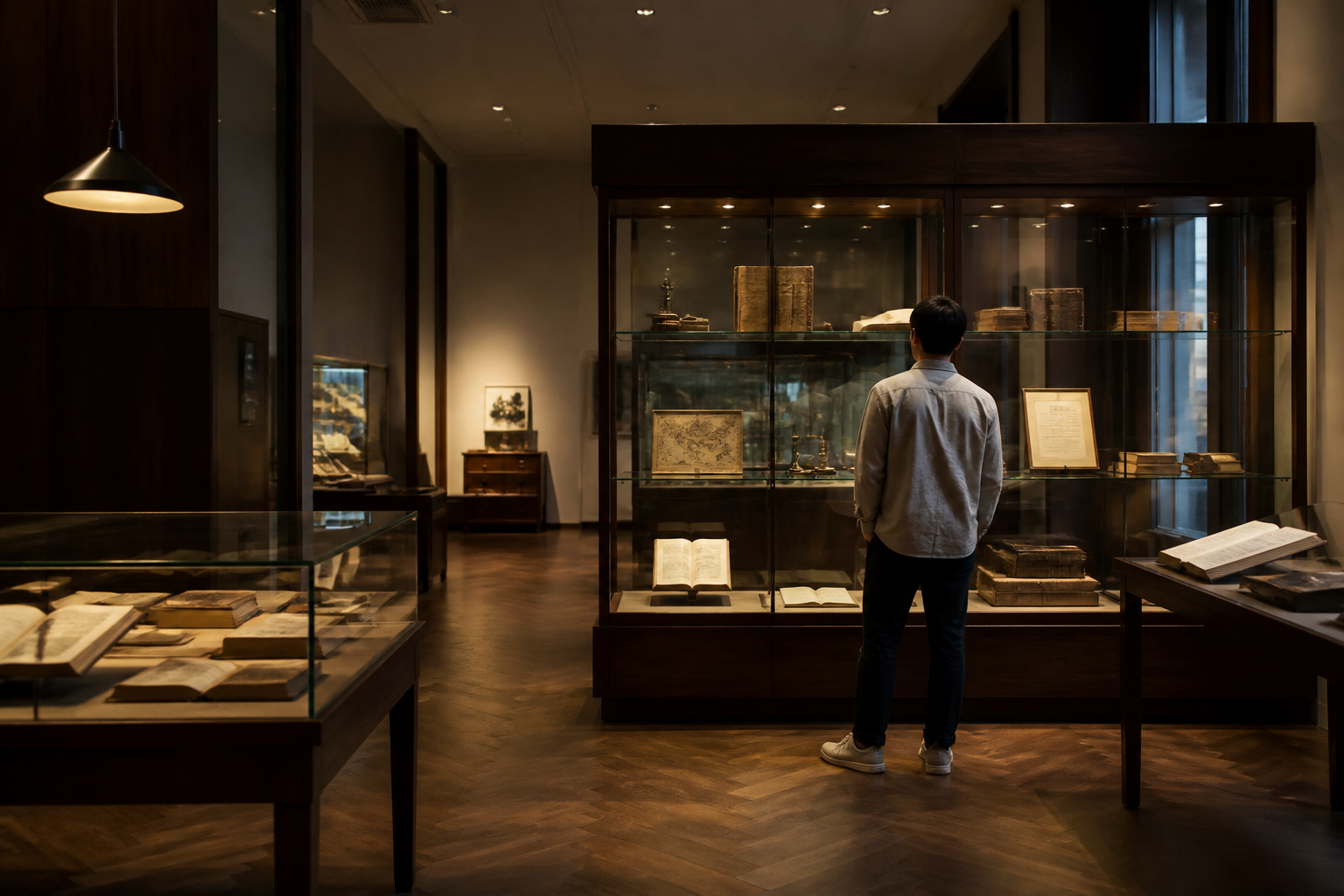 丸の内の静かなミュージアムで一人展示を見るイメージ